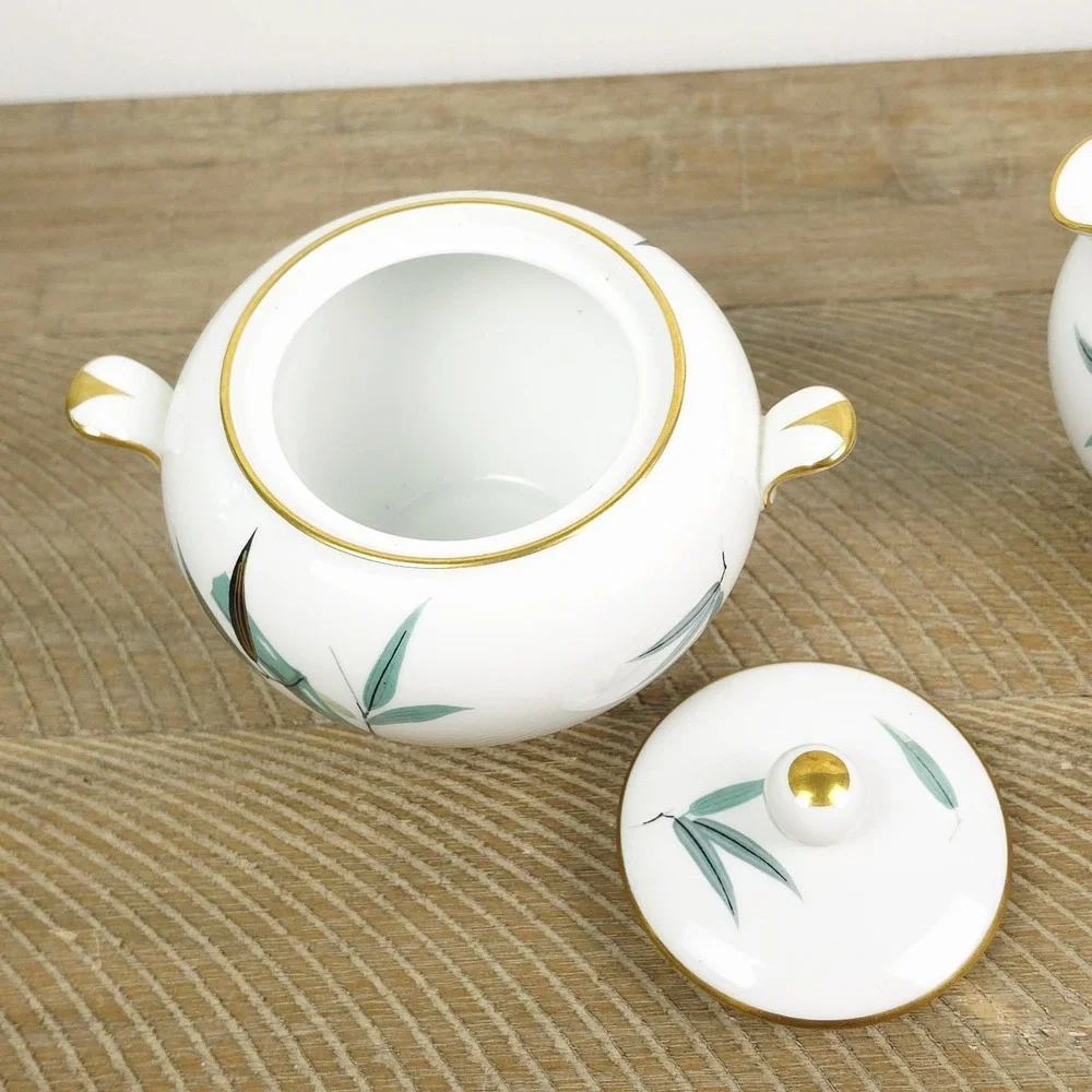 Noritake China 5540 Sugar Bowl‎ and Creamer Teal Bamboo Black Gold Leaves